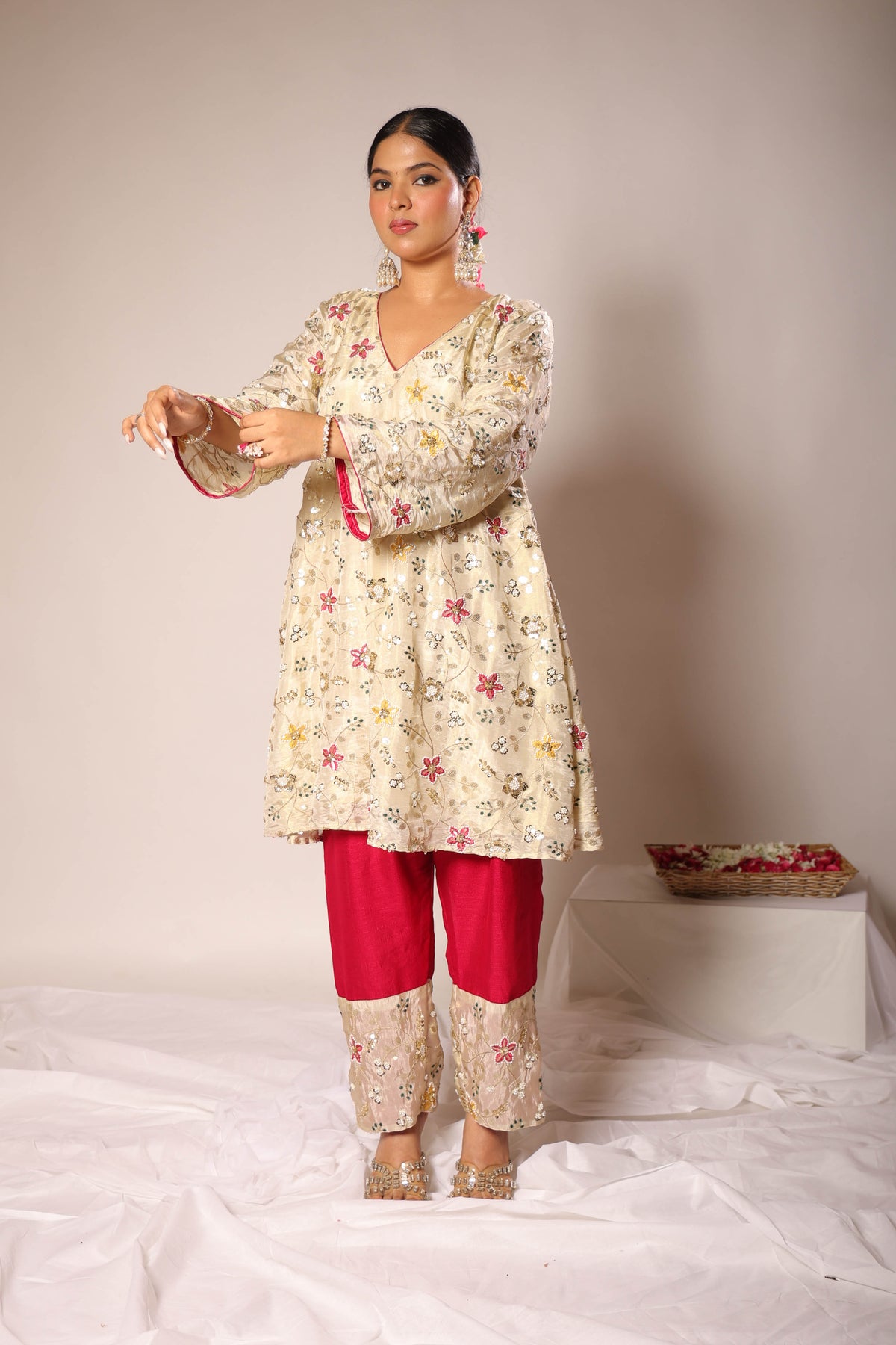 Meher ivory embroidered A-line kurta set with rani-pink pants, photo 2