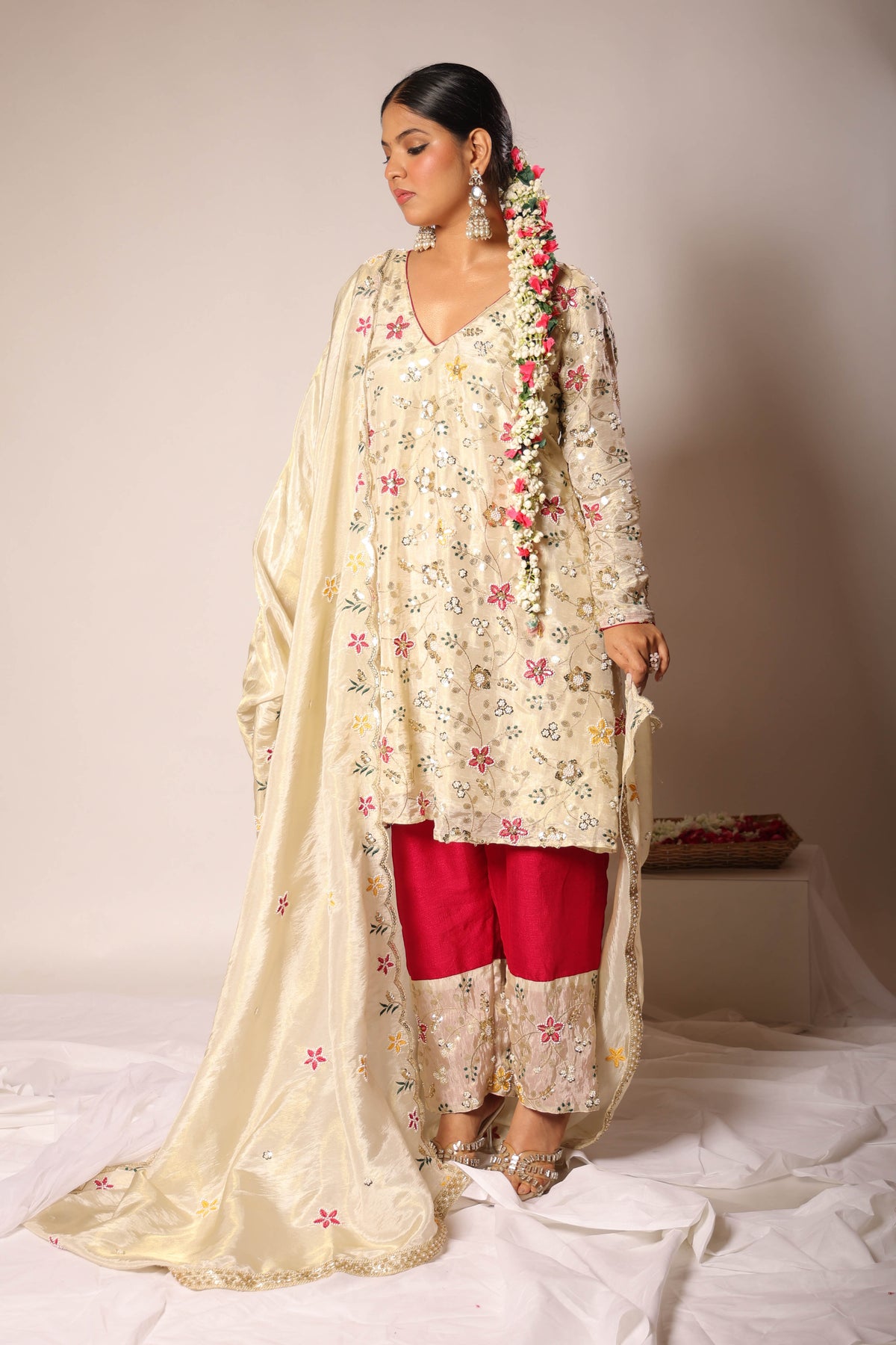 Meher ivory embroidered A-line kurta set with rani-pink pants, photo 3