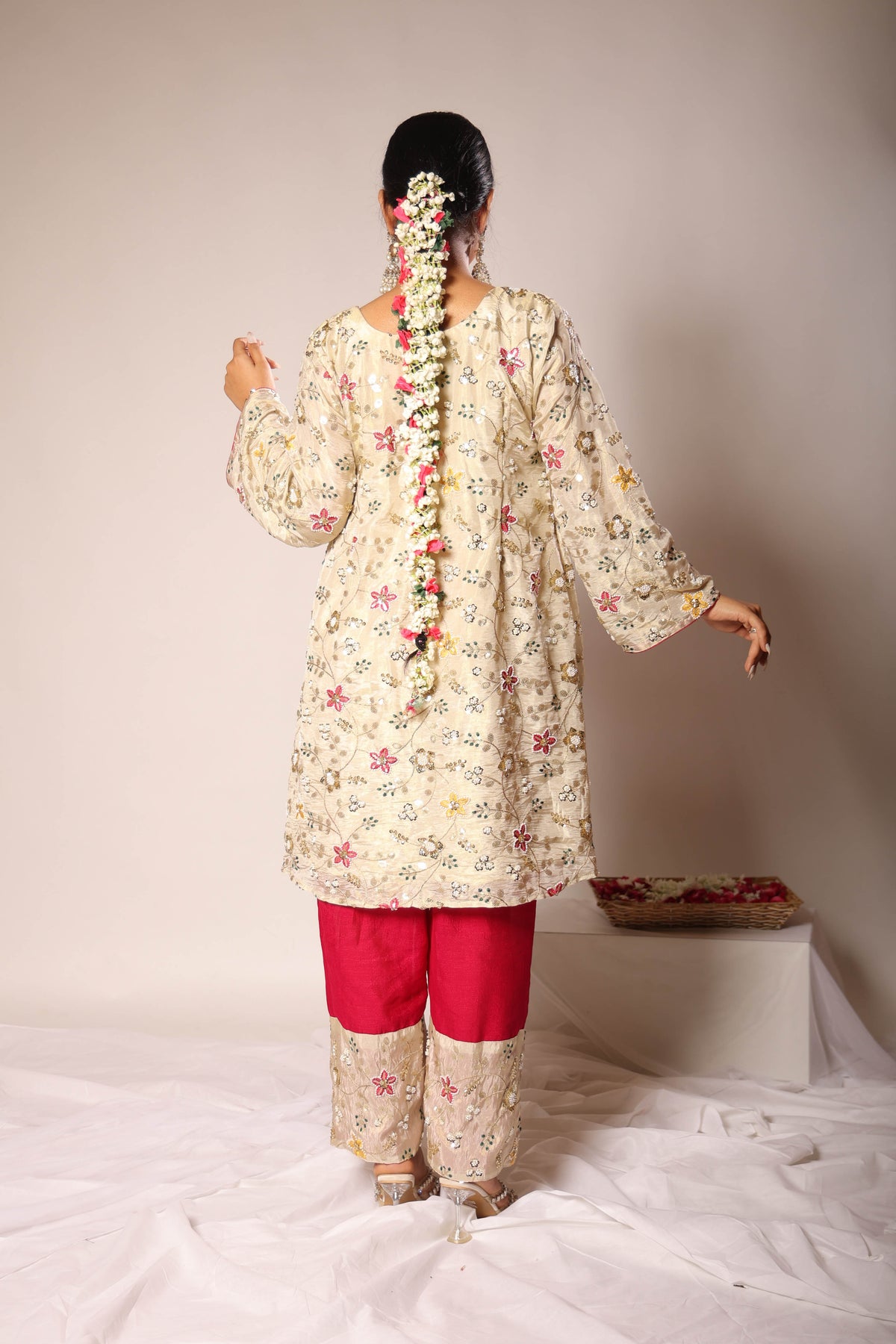 Meher ivory embroidered A-line kurta set with rani-pink pants, photo 4
