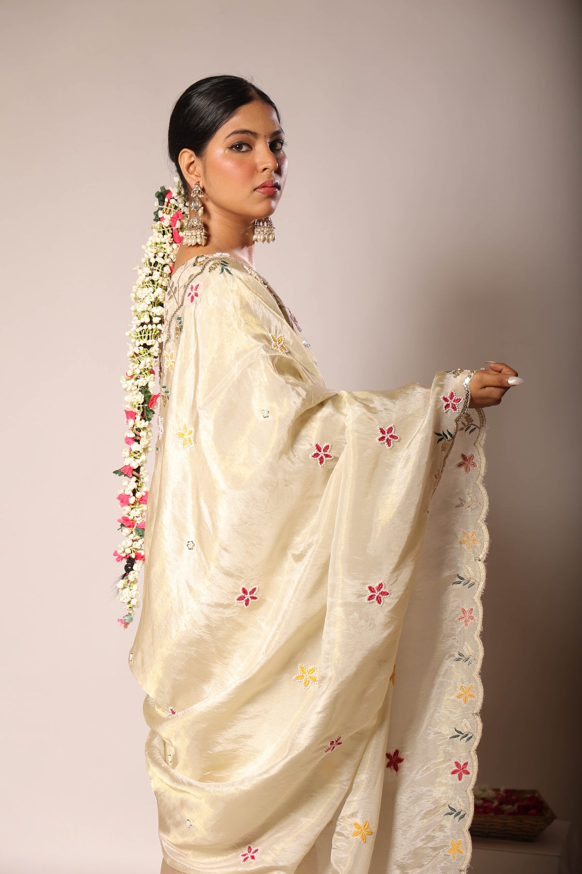 Meher ivory embroidered A-line kurta set with rani-pink pants, photo 6