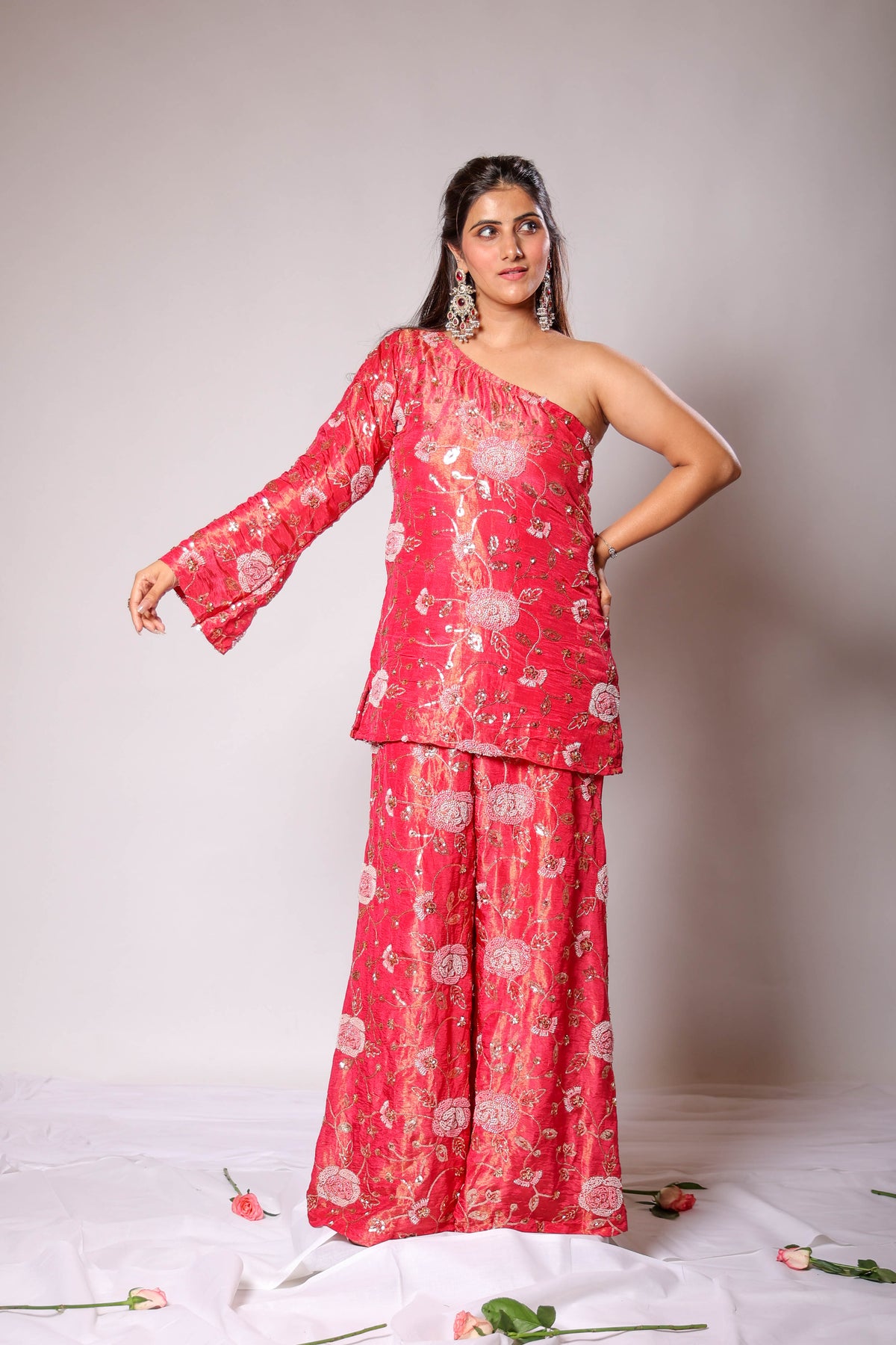 Muski rose pink one-shoulder palazzo set by Togaa