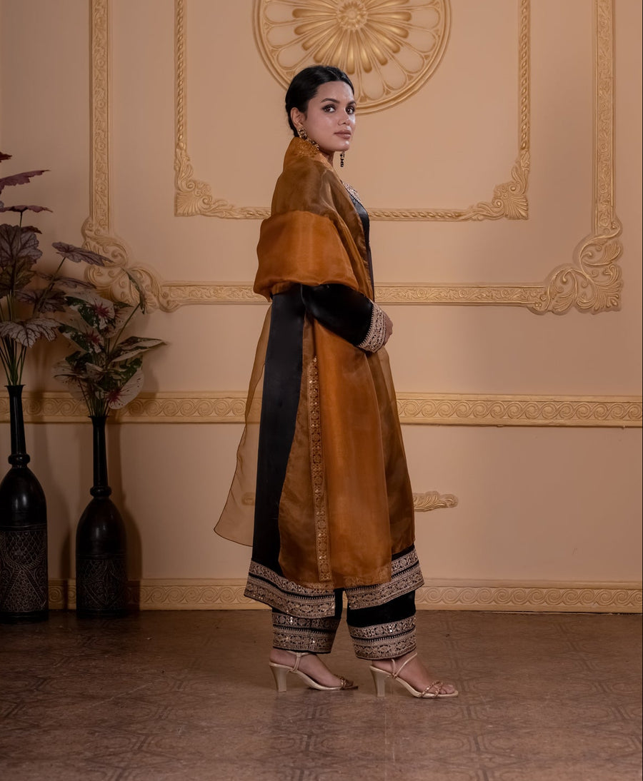 Nazākat black satin A-line suit set by Togaa