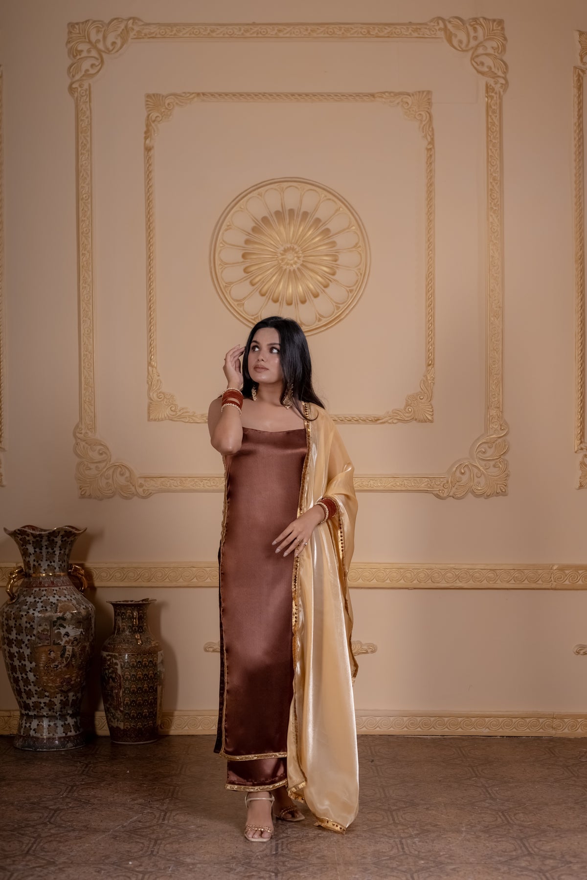 Noorani mocha satin kurta with hand lace and palazzos by Togaa