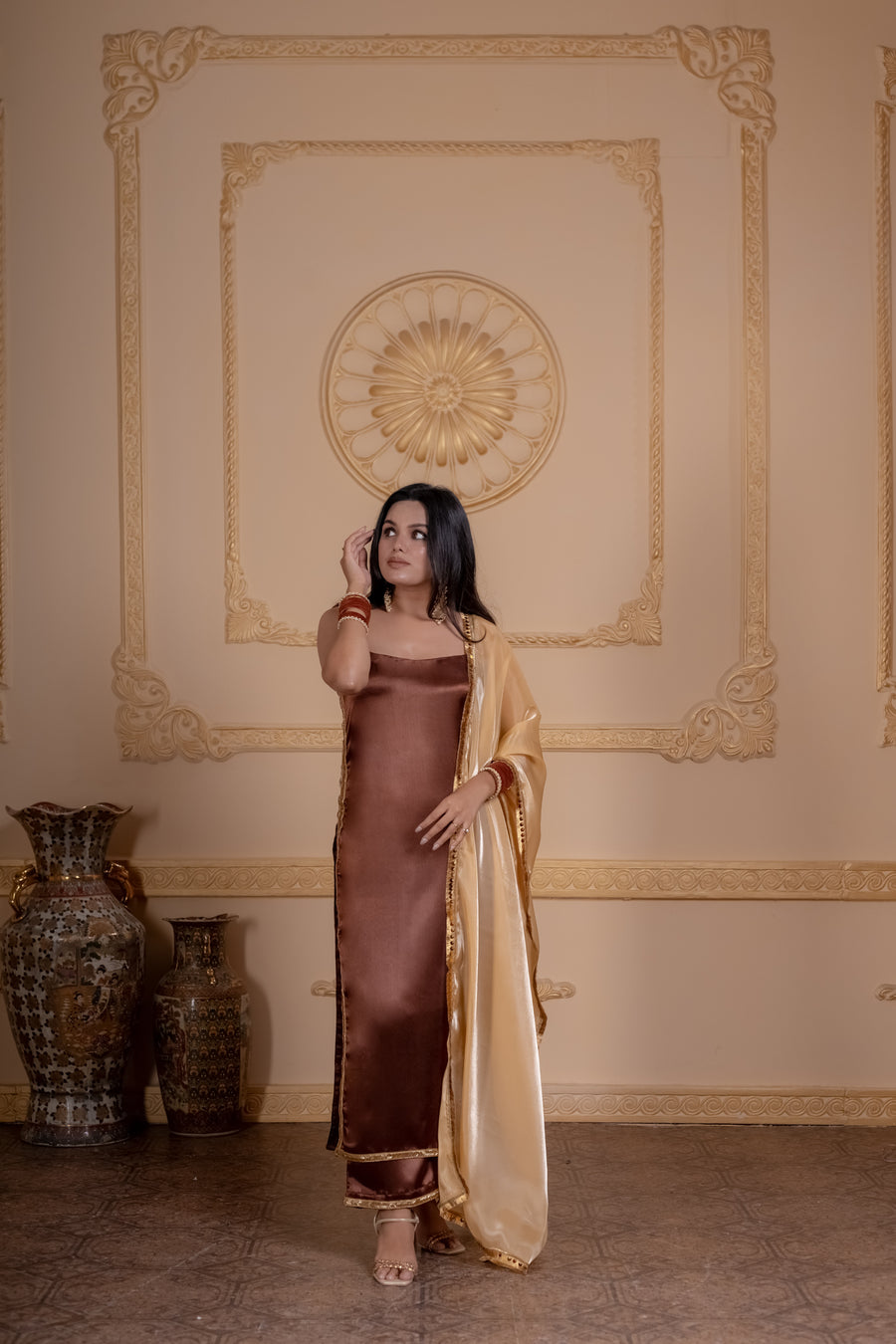 Noorani mocha satin kurta with hand lace and palazzos by Togaa