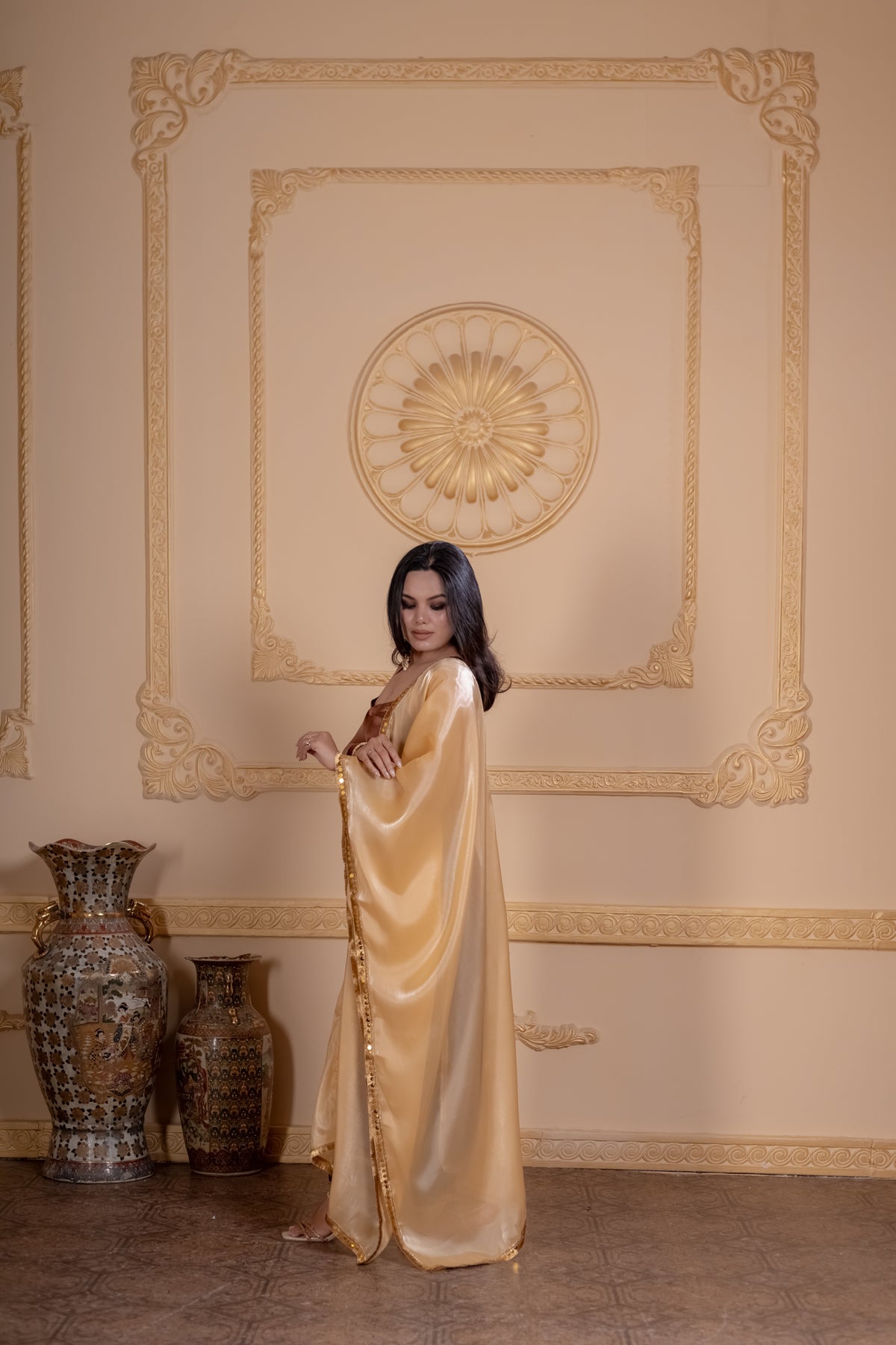 Noorani mocha satin kurta with hand lace and palazzos, photo 2