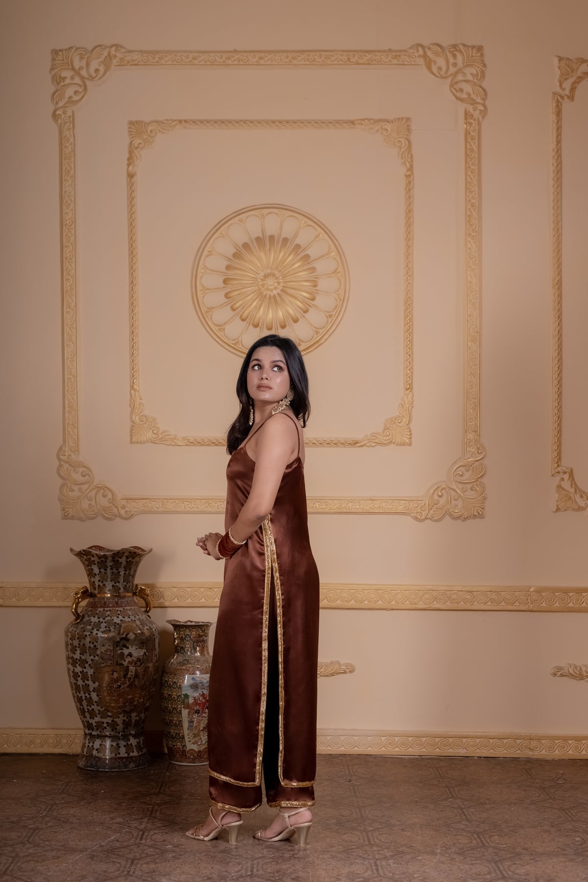 Noorani mocha satin kurta with hand lace and palazzos, photo 3