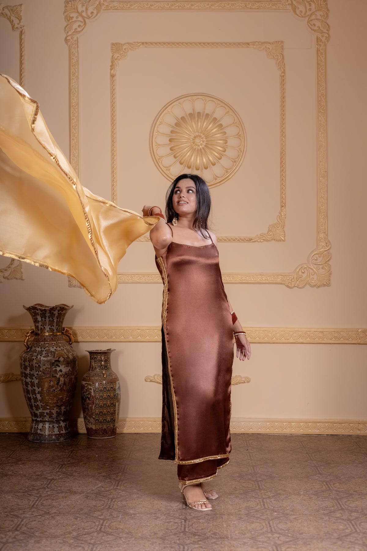 Noorani mocha satin kurta with hand lace and palazzos, photo 4