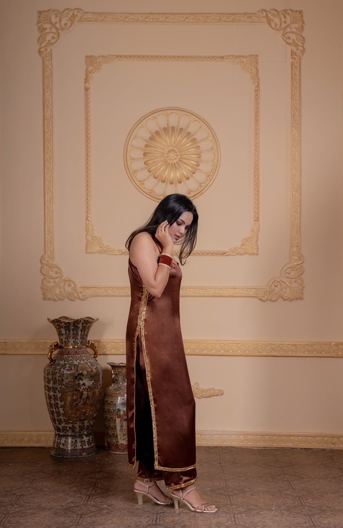 Noorani mocha satin kurta with hand lace and palazzos, photo 5