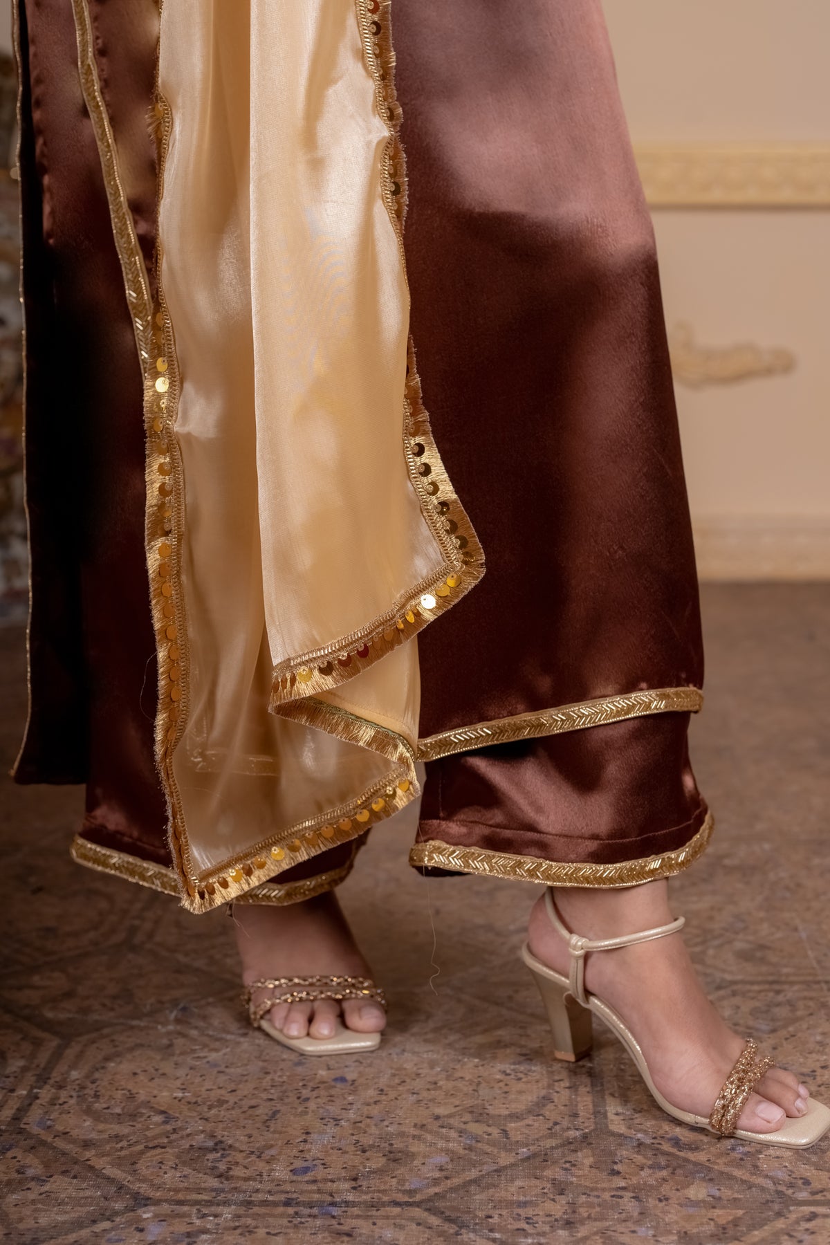 Noorani mocha satin kurta with hand lace and palazzos, photo 6
