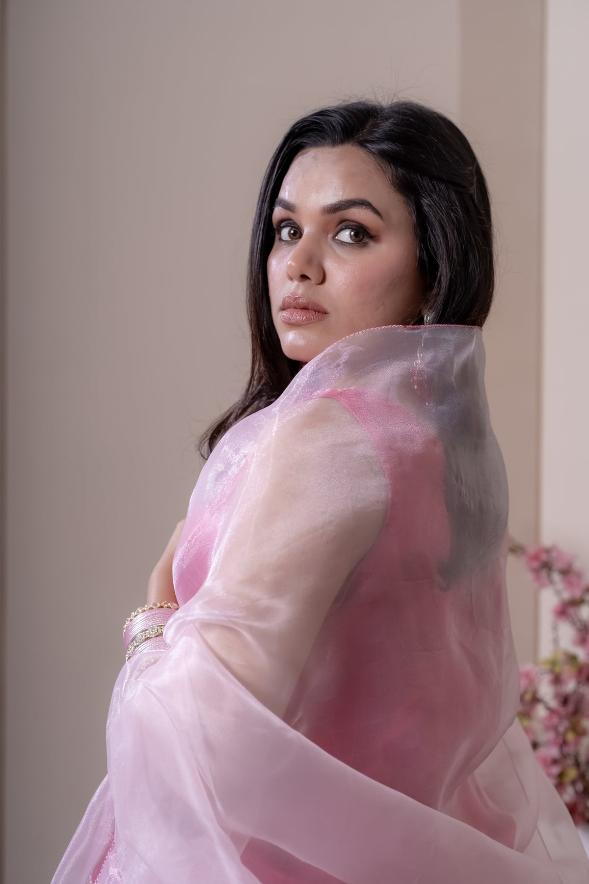 Ruhani pink satin peplum top with palazzo pants, photo 4