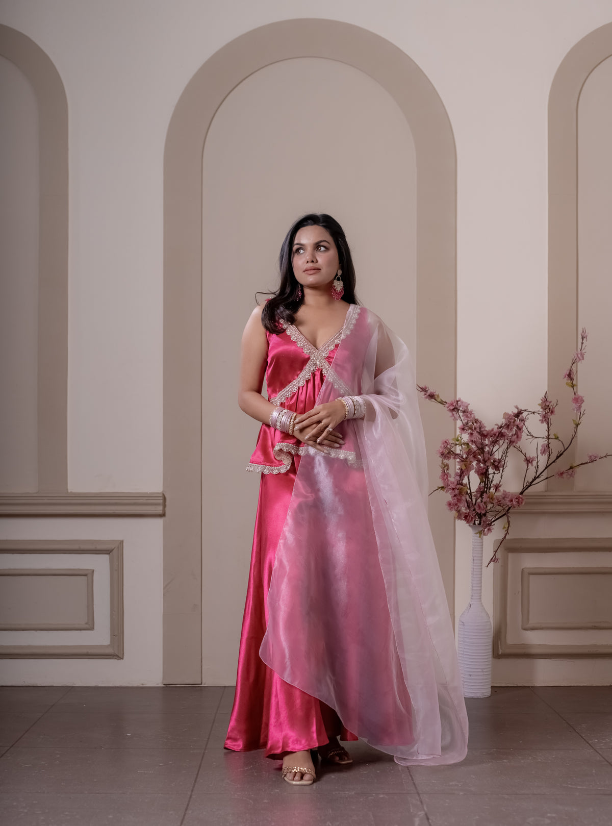 Ruhani pink satin peplum top with palazzo pants, photo 5