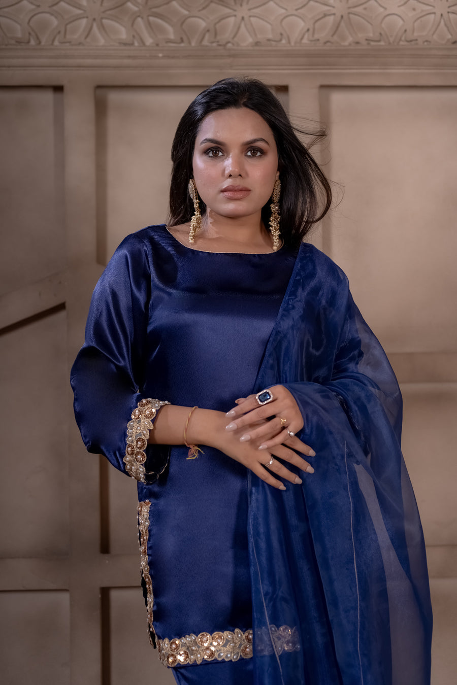 Saanjh navy satin suit set with organza dupatta by Togaa
