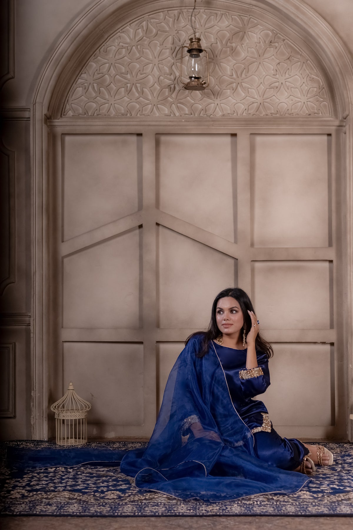 Saanjh navy satin suit set with organza dupatta, photo 2