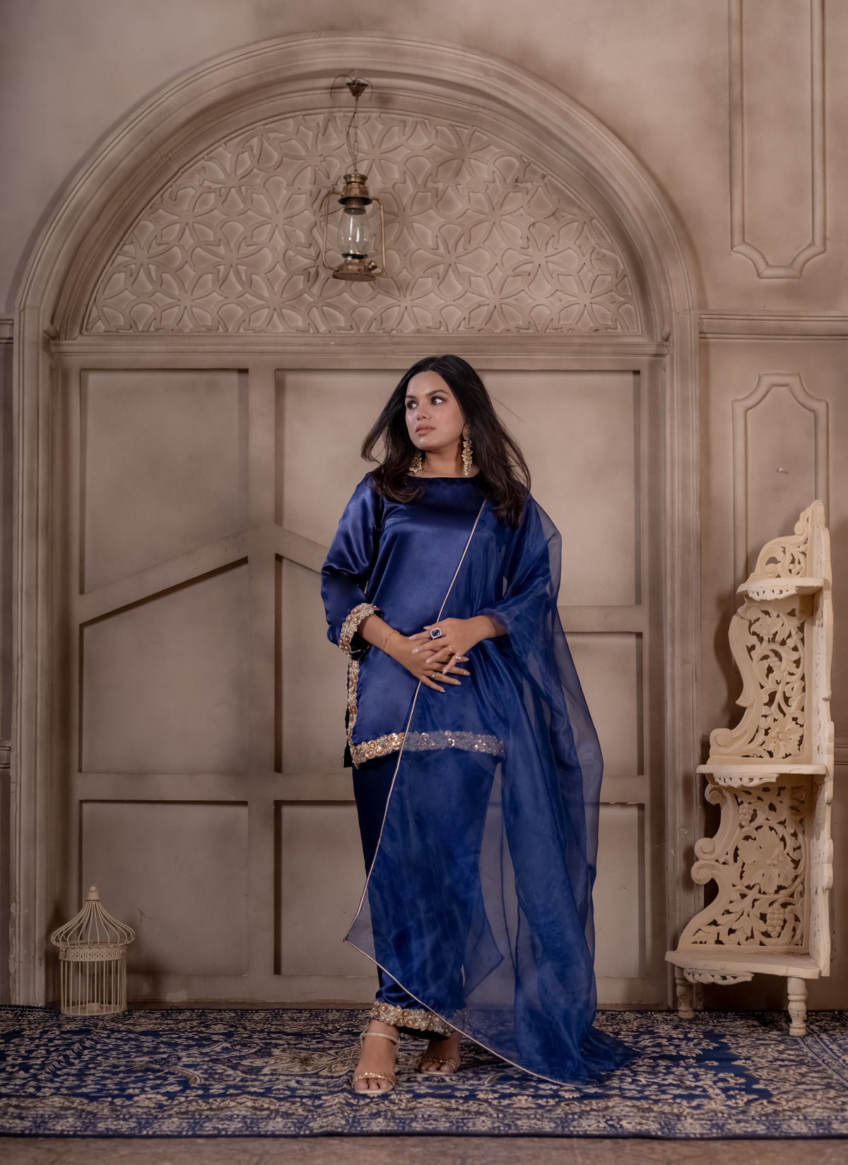 Saanjh navy satin suit set with organza dupatta, photo 3