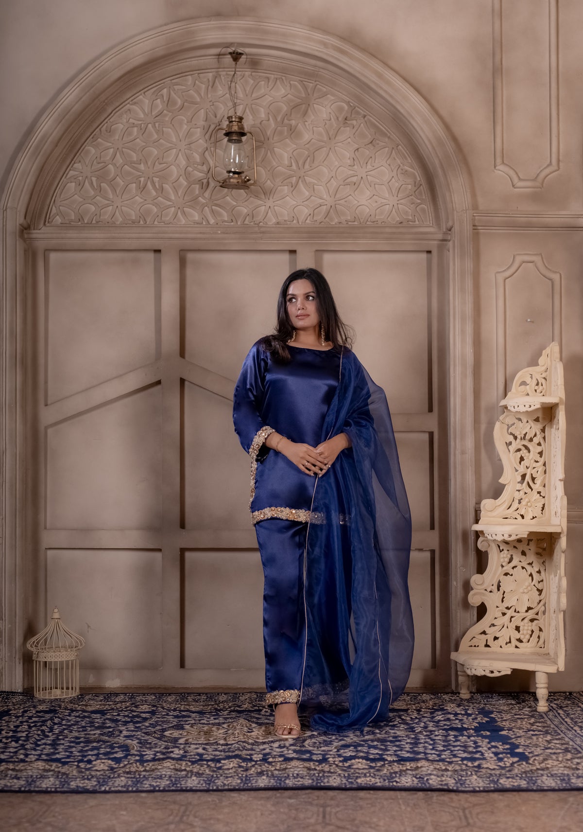 Saanjh navy satin suit set with organza dupatta, photo 5
