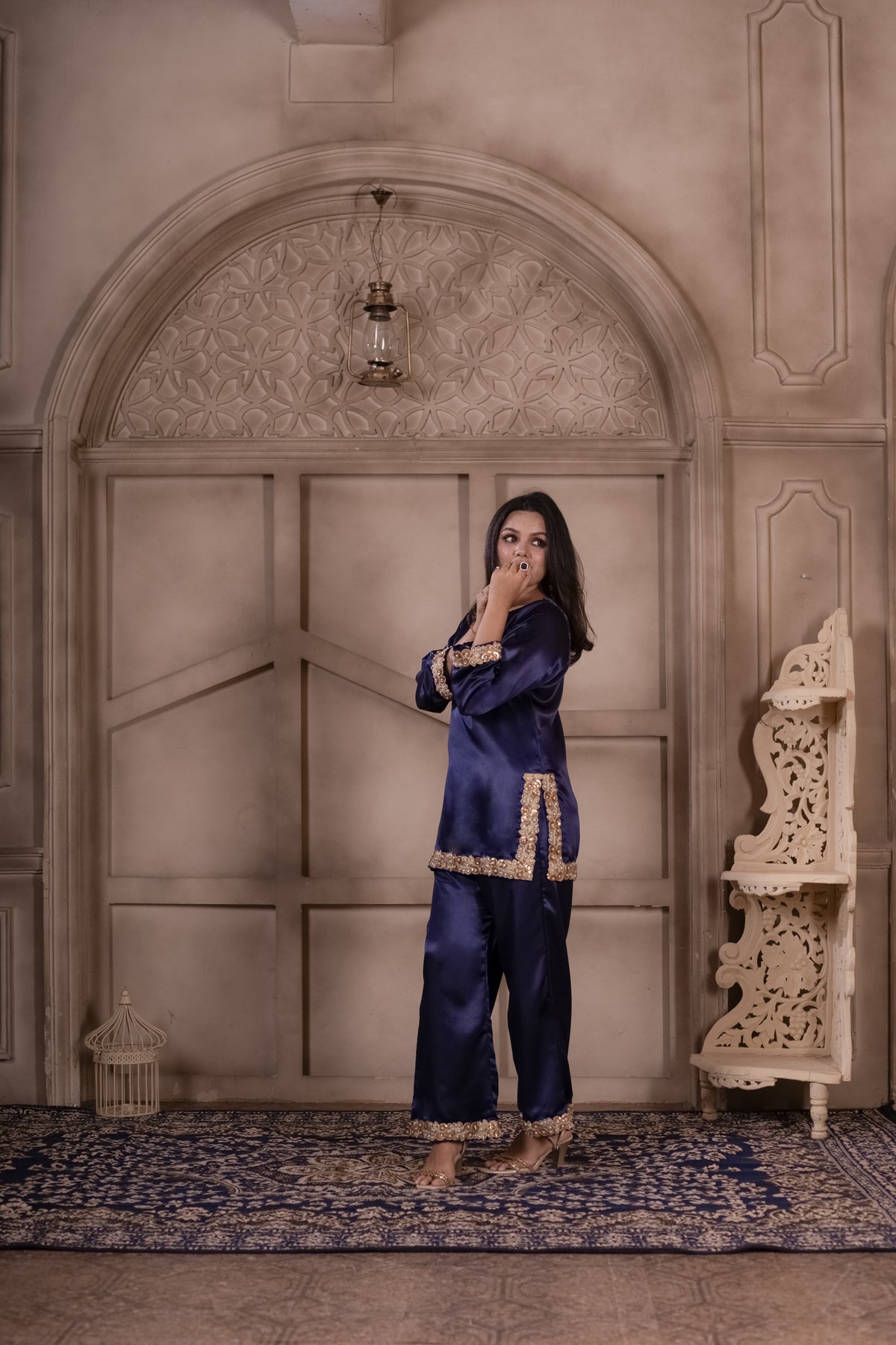 Saanjh navy satin suit set with organza dupatta, photo 6